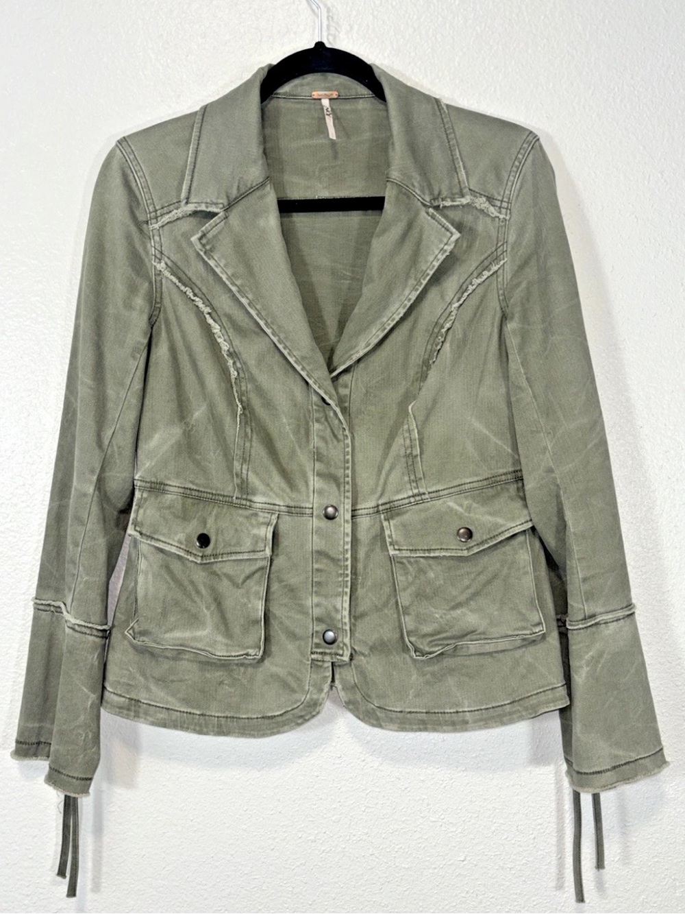 Free People army green utility jacket cargo pockets, and lace-up cuffs
